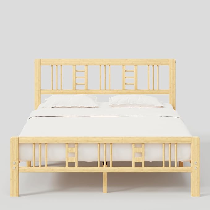 10 Inch High Bamboo Full Size Bed Frame with Headboard and Footboard, Wood Full Bed Frame No Box Spring Needed Heavy Duty, Metal Slat Support, Easy Assembly, Noise Free, Reinforced