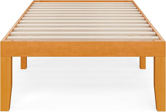 DUMOS Twin Size Solid Wood Bed Frame 16 Inches, Sturdy Platform Bed with Heavy Duty Wood Slat Support, No Box Spring Needed, Easy Assembly, Natural Pine