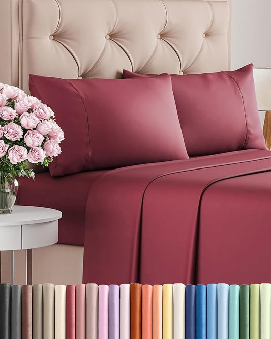 Twin 4 Piece Sheet Set - Comfy, Breathable & Cooling - Hotel Luxury Bedding for Women, Men, Kids, Teens and Children - 1 Flat & 1 Fitted Sheet & 2 Pillowcases w/ Deep Pockets - Wrinkle Free - Burgundy