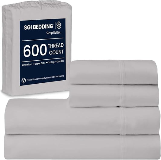 SGI bedding 100% Egyptian Cotton Sheets California King Size – 600 Thread Count Sheets Set, Soft, Cooling, 15" Deep Pocket, Luxury Hotel Bedding, Breathable, Durable - Silver