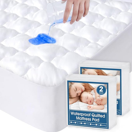 2 Pack Queen Mattres Protector Pad Waterproof Quilted, Soft & Cooling Queen Size Mattress Protector Cover Fitted with Deep Pocket up to 14", (White)