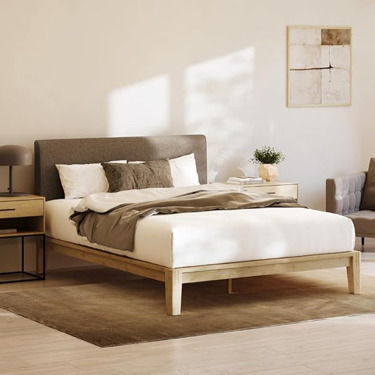 Nectar Bamboo Platform Bed Frame & Upholstered Headboard - King - Natural/Slate - Floating Center Support Legs -12” Height - Easy Tool Free Set Up - Sturdy Wooden Support Slats - Holds Up To 500 lbs