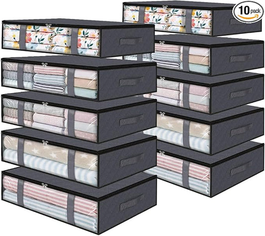 StorageRight Under Bed Storage Bags 10 Pack, 40L Large Clothes & Comforter Storage Containers with Clear Window, Breathable Fabric Organizer for Blankets, Bedding, Seasonal Clothing, Grey