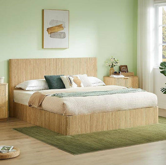 Bellemave King Size Lift Up Storage Bed, Oak Wood Lift Up Bedframe King, Wooden Corrugated Curved Lines, Hydraulic Storage,Oak