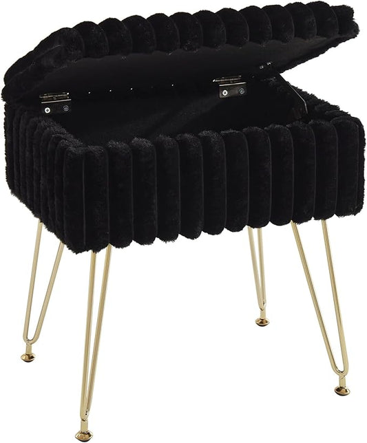 EBENCHICO Vanity Stool Chair with Storage, Faux Fur Stools for Vanity Makeup, Foot Stool Ottoman with 4 Metal Legs, Small Vanity Bench Seat Chairs for Living Room Bedroom