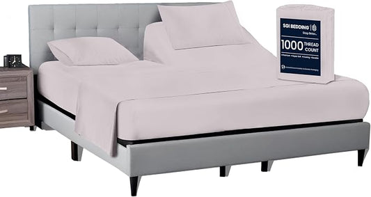 SGI bedding 34" King Split Top Flex Head Sheet 100% Egyptian Cotton Sheet Set 1000 Thread Count Flex Top Sheet for Adjustable Bed 4Pc Sheet Set 15" Deep Pocket for Sleep Number Bed - Silver