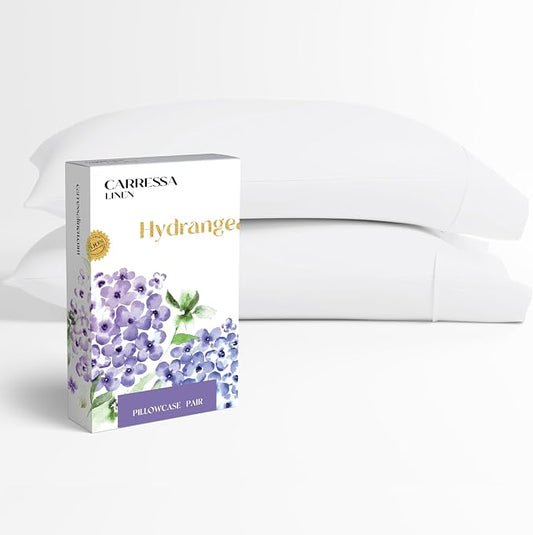 Carressa Linen 100% Egyptian Cotton Pillow Cases Queen Size Set of 2 - Luxury 600 Series Hydrangeas Collection Queen Size Pillowcases (White), Cooling Sateen Weave Hotel Quality Bed Pillow Cover