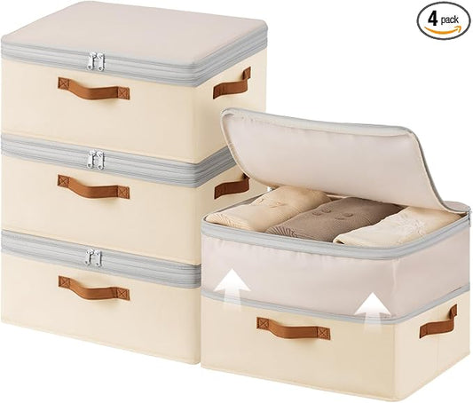 Homsorout Large Closet Storage Bins - Compression Organizer Bins, Stackable Closet Organizer, Expandable Under Bed Storage Containers for Clothes, Towels, Sheet, 4 Pack, Beige