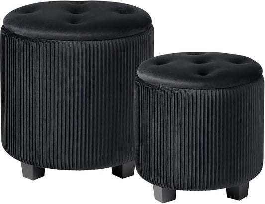 BLEXA Big Round Ottoman with Storage Set of 2-Upholstered Velvet Vanity Stool for Makeup Multifunctional Foot Rest Coffee Table Padded Seat Tufted Ottomans for Living Room&Bedroom (Big Black)
