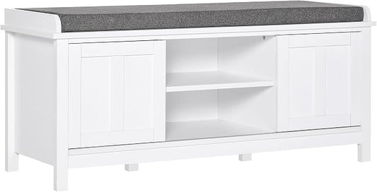 HOMCOM Entryway Shoe Bench Storage Ottoman with Sliding Doors, Adjustable Shelving, 6 Compartments, and Padded Seat, Holds 10 Pairs, White