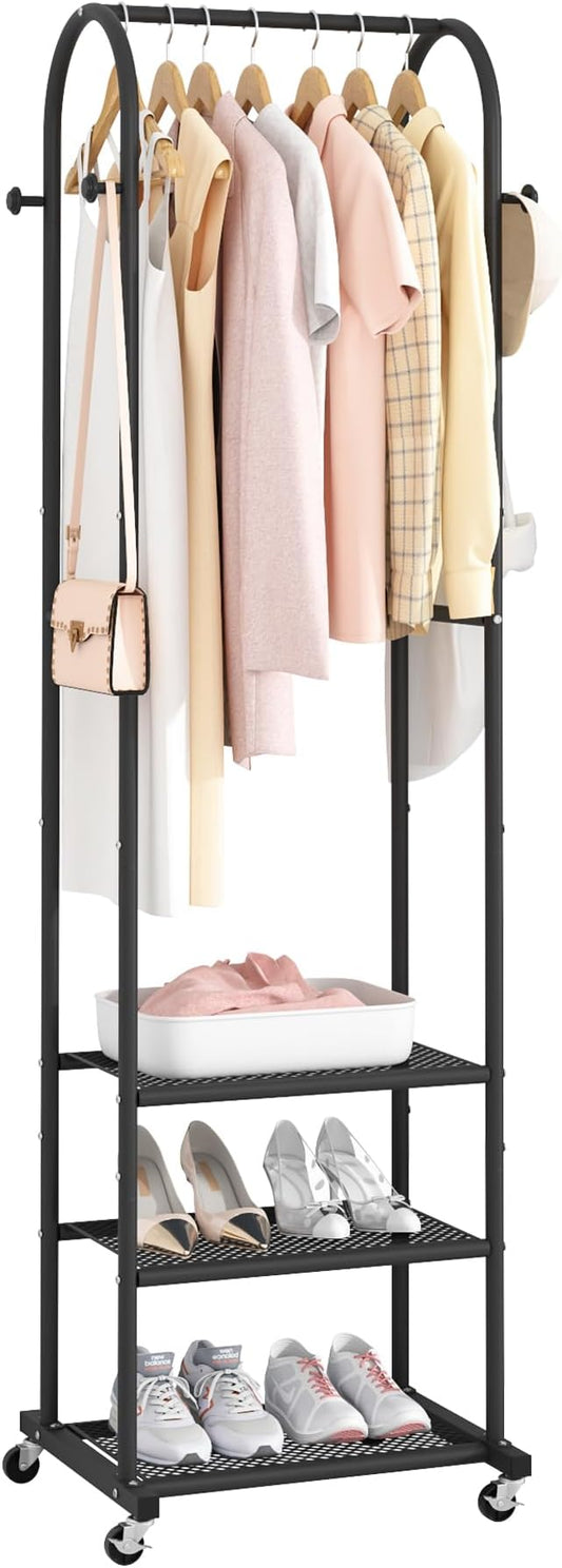 Kaitiemoo Heavy Duty Clothing Rack with Wheels,Modern Garment Rack with 3 Metal Shelves, 71.8Inches Display Rack for Hanging Clothes, Hanging Rod for Small Space,Black