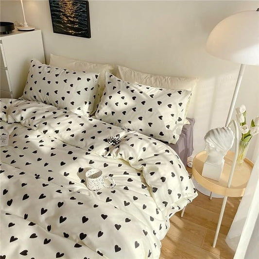 Nayoroom Black and White Heart Duvet Cover Twin Size Black Hearts Printed on White Bedding Set 2 Pcs Cute Kawaii Soft Breathable Microfiber Comforter Cover Valentine Gifts for Kids Girls