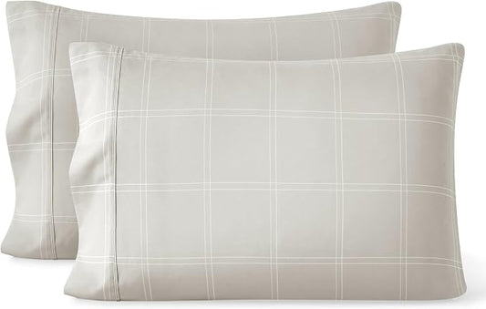 Bare Home Microfiber Pillow Cases - King Size Set of 2 - Cooling Pillowcases - Double Brushed - Pillowcases 2 Pack - Easy Care (King, Modern Plaid – Stone/White)