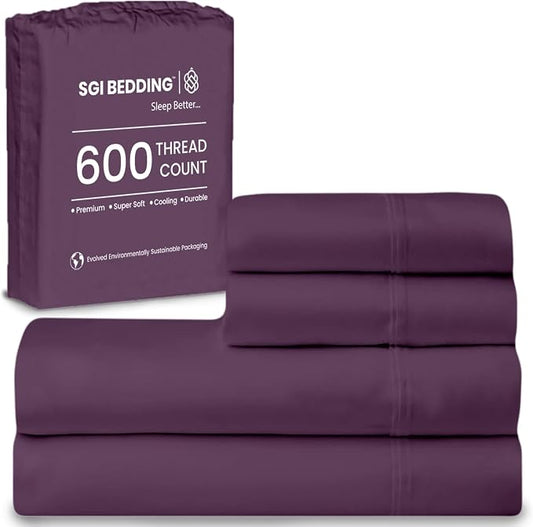 SGI bedding 100% Egyptian Cotton Sheets Twin Size – 600 Thread Count Sheets Set, Soft, Cooling, 15" Deep Pocket, Luxury Hotel Bedding, Breathable, Durable - Plum