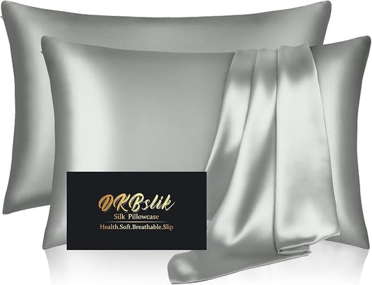 Silk Pillowcase 2 Pack, Mulberry Silk Pillow Cases Queen Size Set of 2, Anti Acne Silk Pillowcase for Hair and Skin, Natural Silk Satin Pillowcases for Sleeping Women 2 Pack with Zipper, Silver Grey