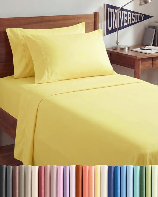 Twin XL 4 Piece Sheet Set - Comfy, Breathable & Cooling - Hotel Luxury Bedding for Women, Men, Kids, Teens & Children - 1 Flat & 1 Fitted Sheet & 2 Pillowcases w/ Deep Pockets - Wrinkle Free - Yellow