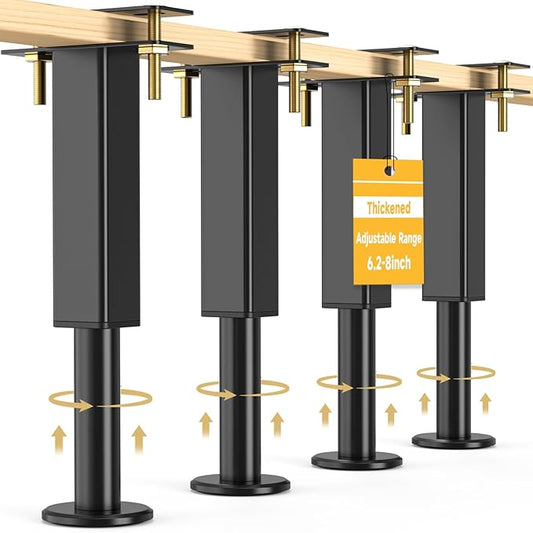 4PCS Adjustable Height Bed Support Legs, 6.2-8 In, Metal Heavy Bed Risers with Non-Slip Rubber Base, Replacement Furniture Feet for King Queen Frame Slats, Sofa, Couch, Cabinet, Dresser, Table