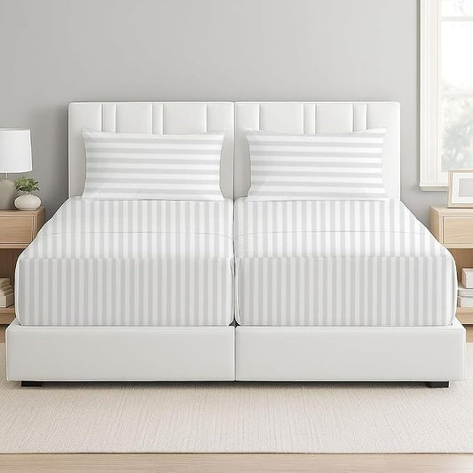 5 Piece Split King Sheet Set, 100% Egyptian Cotton, 16 Inch Deep Pockets, White Stripe, Soft Cooling Sheets for Adjustable Beds, Sleep Number Beds, Split King Mattress Sheet Set