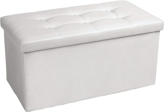 COSYLAND Ottoman Bench with Storage - 30x15x15in Folding Leather Ottoman, Rectangle Foot Stool Foldable Storage Chest Footrest Footstool Collapsible with Lid for Bedroom Living Room White