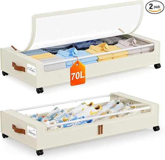 Yecaye Under Bed Storage with Wheels 2Pack, 70L Larger Capacity Under Bed Storage Containers, Underbed Shoe Storage Organizer, Rolling Under Bed Metal Drawers for Clothes, Blankets(35.5 x 17 x 6.7in)