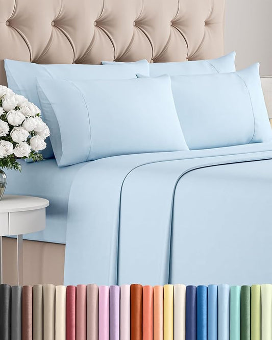 Full 6 Piece Sheet Set - Comfy, Breathable & Cooling - Hotel Luxury Bedding for Women, Men, Kids, Teens & Children - 1 Flat & 1 Fitted Sheet & 4 Pillowcases w/ Deep Pockets - Wrinkle Free - Baby Blue