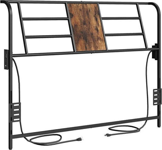 MAHANCRIS King Size Headboard Only, Metal Headboard with 2 Power Strips, Reclining Backrest, with Bed Frame Adapters, Easy Assembly, Rustic Brown and Black
