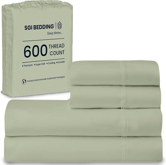 SGI bedding 100% Egyptian Cotton Sheets Twin XL Size – 600 Thread Count Sheets Set, Soft, Cooling, 15" Deep Pocket, Luxury Hotel Bedding, Breathable, Durable - Moss