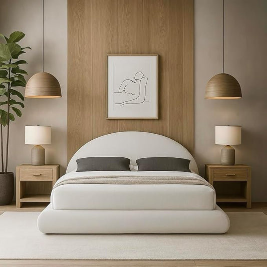 Round Bed – Washable Zip Cover - Upholstered Linen Soft Foam - Modular Minimalist Modern - Half Circle Moon - Sold Sold Separately (White Linen, King Headboard)