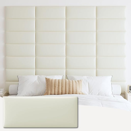 IFNOW Wall Mounted Upholstered Headboard Queen, 3D Peel and Stick Soundproof Wall Panels, Reusable and Removable Padded Headboard Leather Bed, 9 Panels 9.84" x 23.62", Beige