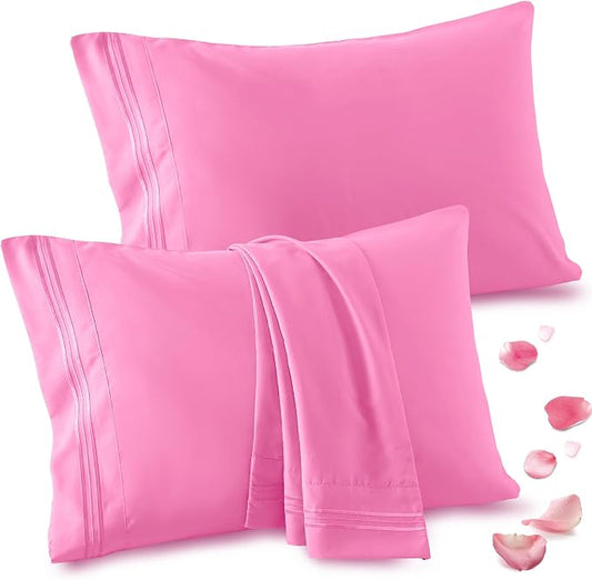 Vonty 2 Pack Standard Pillow Cases - 20x26 Inch, 1800 Thread Count Microfiber Pillowcases Standard Size Pink Pillow Cases Luxury & Soft Embroidered Bed Pillow Covers with Envelope Closure