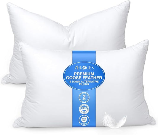 Feather Pillows Queen Size Set of 2 - Goose Down Hotel Bed Pillow for Sleeping, Soft 600 Thread Count Cotton Cover, Fluffy Support Surround Fill Polyester for Side, Back and Stomach Sleepers