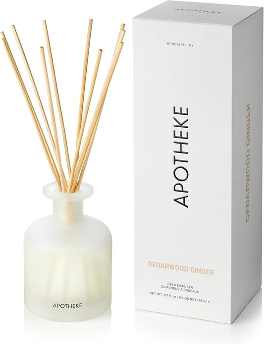 Apotheke Luxury Scented Reed Diffuser for Home, Cedarwood Ginger - 6.7 Fl Oz Essential Oil Aromatherapy - 10 Rattan Scent Sticks Room Diffuser - Long-Lasting Fragrance for Bedroom, Home, Bathroom