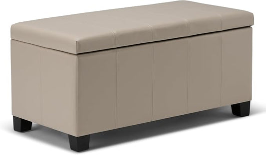 SIMPLIHOME Dover Storage Ottoman Bench - 36 inch Wide Upholstered Vegan Leather Rectangular Lift-Top Ottoman in Satin Cream, Contemporary Bench for Living Room with Safety Hinges
