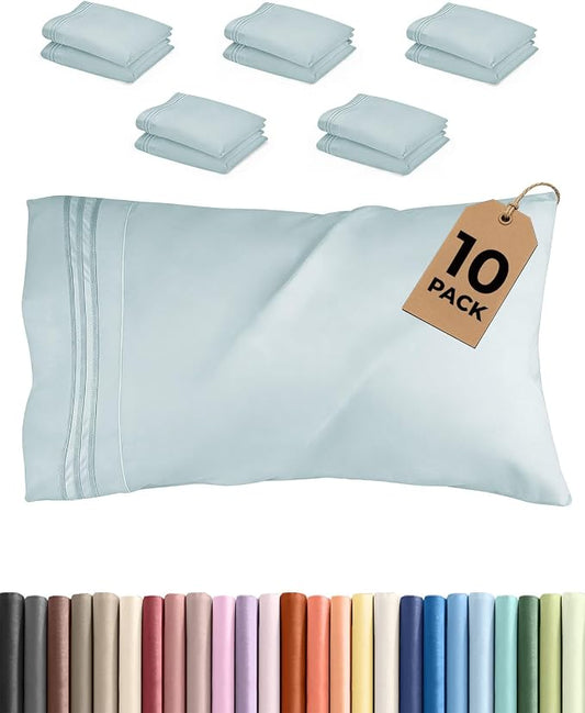Queen Pillow Cases Set of 10 - Ultra Soft Hotel Quality Pillowcase Covers - Comfy, Cozy & Wrinkle Free - Shrink, Stain and Fade Resistant - Machine Washable Pillow Protectors - 10 Piece Set - Ice Blue