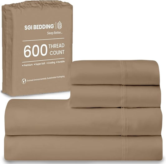SGI bedding 100% Egyptian Cotton Sheets Queen Size – 600 Thread Count Sheets Set, Soft, Cooling, 15" Deep Pocket, Luxury Hotel Bedding, Breathable, Durable - Taupe