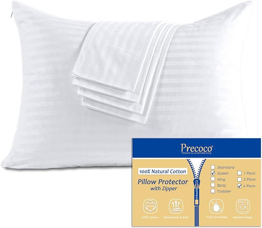 100% Cotton Pillow Protectors with Zipper Queen Size, White Pillow Cases Set of 4 for Home & Hotel, Sateen Soft Cooling Hidden Zippered Pillow Case Protector for Hair & Skin, 20x30 in