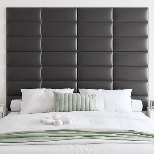 IFNOW Wall Mounted Upholstered Headboard Queen, 3D Peel and Stick Soundproof Panels, Reusable and Removable Padded Leather Bed Headboard, 9 Panels 9.84" x 23.62", Black