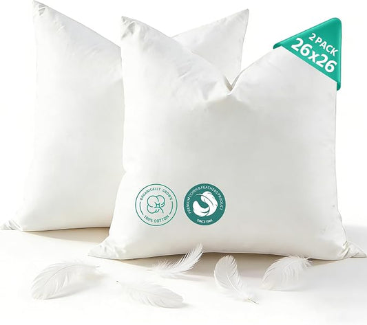 APSMILE Organic Cotton Goose Feather Down Plus Euro Throw Pillow Inserts, 26x26 Inch Set of 2, Soft Supportive Large Square Decorative Pillow Forms for Couch, Sofa, Bed