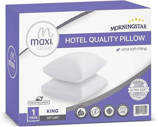 Maxi Deluxe King Size Bed Pillow – Ultra Soft & Comfortable – Versatile for Side, Back & Stomach Sleepers – 300TC Cotton Top – Single Pack – (King Size Pillow is 20 x 36)