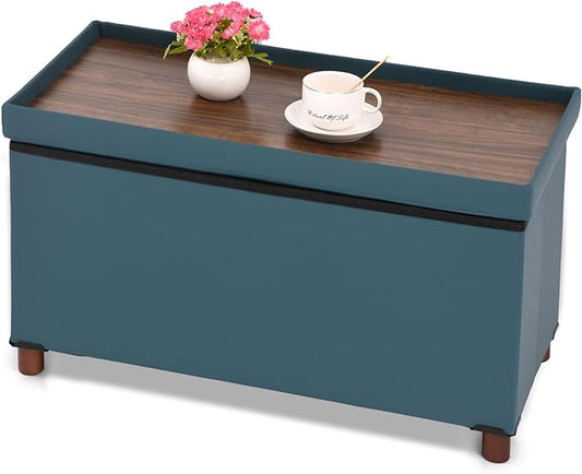 Dorriss Ottoman Storage Bench for Living Room Storage Ottoman with Tray Bedroom Foot Stool Storage Ottomans Coffee Table Lid Storage Footstool with Legs end of Bed Faxu Leather 30" Inch (D-Blue)