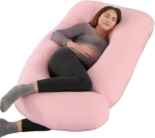 ALLOPERA Pregnancy Pillow, Full Body Maternity Pillow 57 inch, with Removable Washable Cover - Sleep Support for Legs, Back, Neck, Shoulder, HIPS, Belly for Pregnent Women, Jersey Knit Cotton (Pink)