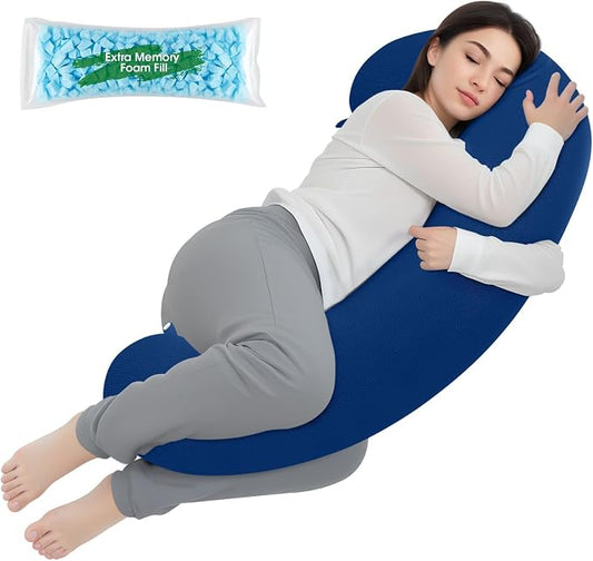 TranquilRelax C Shaped Body Pillow for Side Sleepers, Memory Foam Long Pillow for Leg, Hip & Back Support, Soft Washable Cover,Navy Blue-35"*10"