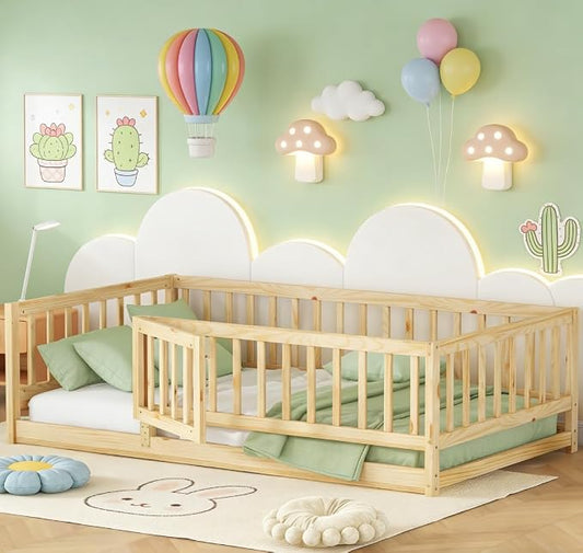 Bellemave Twin Size Montessori Floor Bed with 21.5" High Rails and Slats, Pine,Plywood Floor Bed with Small Door, Natural
