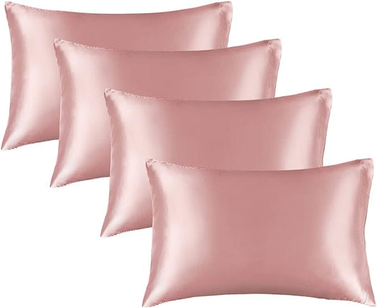 BEDELITE Satin Pillowcase for Hair and Skin, Super Soft Similar to Silk Pillow Cases 4 Pack with Envelope Closure, Cooling Pillowcases for Women Men (20"x36" King Size, Rose Pink)