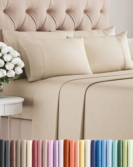 King 6 Piece Sheet Set - Comfy, Breathable & Cooling - Soft Hotel Luxury Bedding for Women, Men, Kids, Teens & Children - 1 Flat & 1 Fitted Sheet & 4 Pillowcases w/ Deep Pockets - Wrinkle Free - Wheat