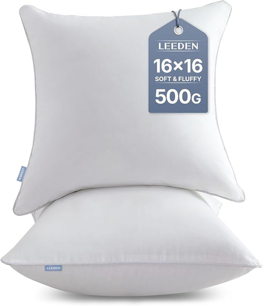 Leeden 16 x 16 Pillow Inserts (Set of 2) -Throw Pillow Inserts with 100% Cotton Cover - 16 Inch Square Decorative Pillows for Sofa, Couch, Bed and Home Decor