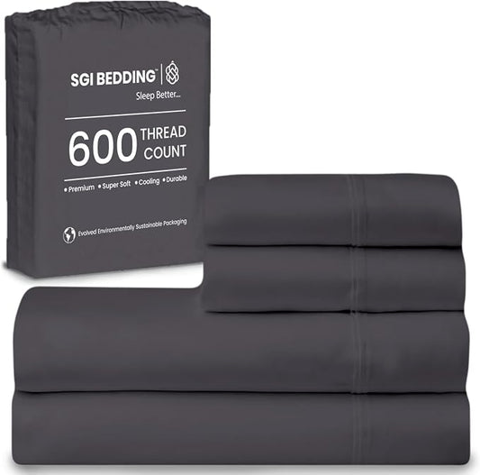 SGI bedding 100% Egyptian Cotton Sheets California King Size – 600 Thread Count Sheets Set, Soft, Cooling, 15" Deep Pocket, Luxury Hotel Bedding, Breathable, Durable - Dark Gray