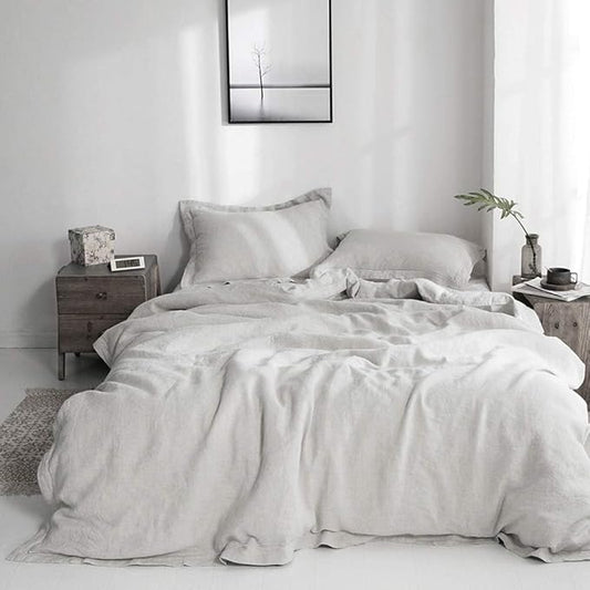 Simple&Opulence 100% French Flax Linen Duvet Cover Set with Embroidery Washed - 3 Pieces (1 Duvet Cover with 2 Pillow Shams) with Button Closure Soft Breathable Farmhouse - Light Grey, King Size