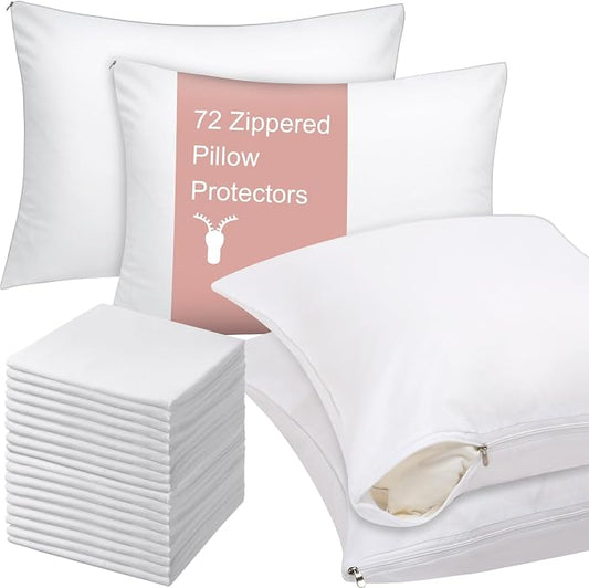 Shimeyao 12 Pcs 20 x 30 Inch Zippered Pillow Protectors Bulk, Standard Size Bedding Pillow Cases, Soft Breathable Cotton Sateen Dust Protection Covers White Protectors for Home Hotel Rental