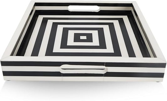 Handicrafts Home 12x12 Decorative Tray for Coffee Table, Centerpiece & Vanity, Black and White Resin Inlay Concentric Pattern Inspired Tray, Square Ottoman Tray for Home Decor, Perfume Organizer